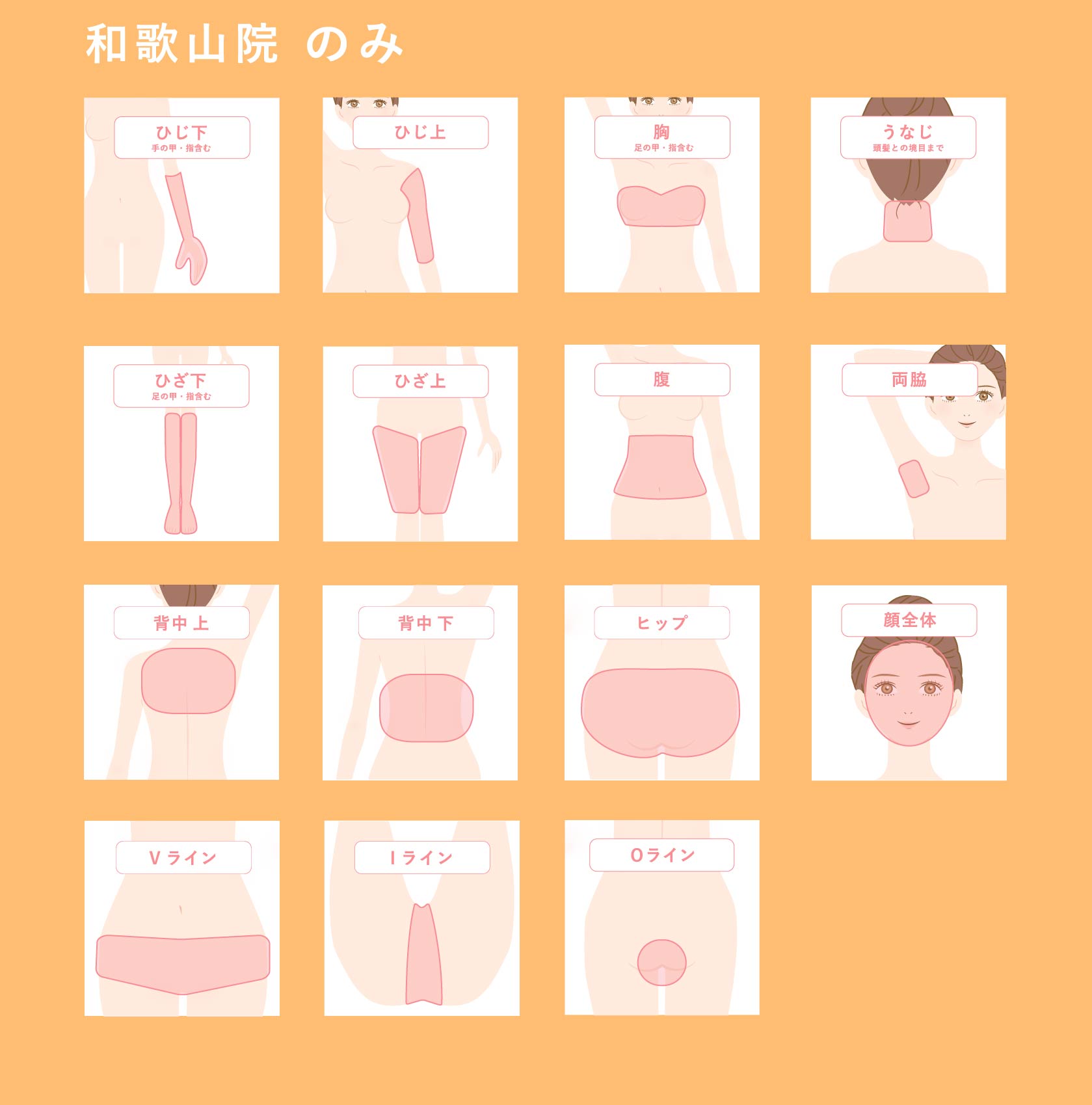 セレクト脱毛施術可能部位